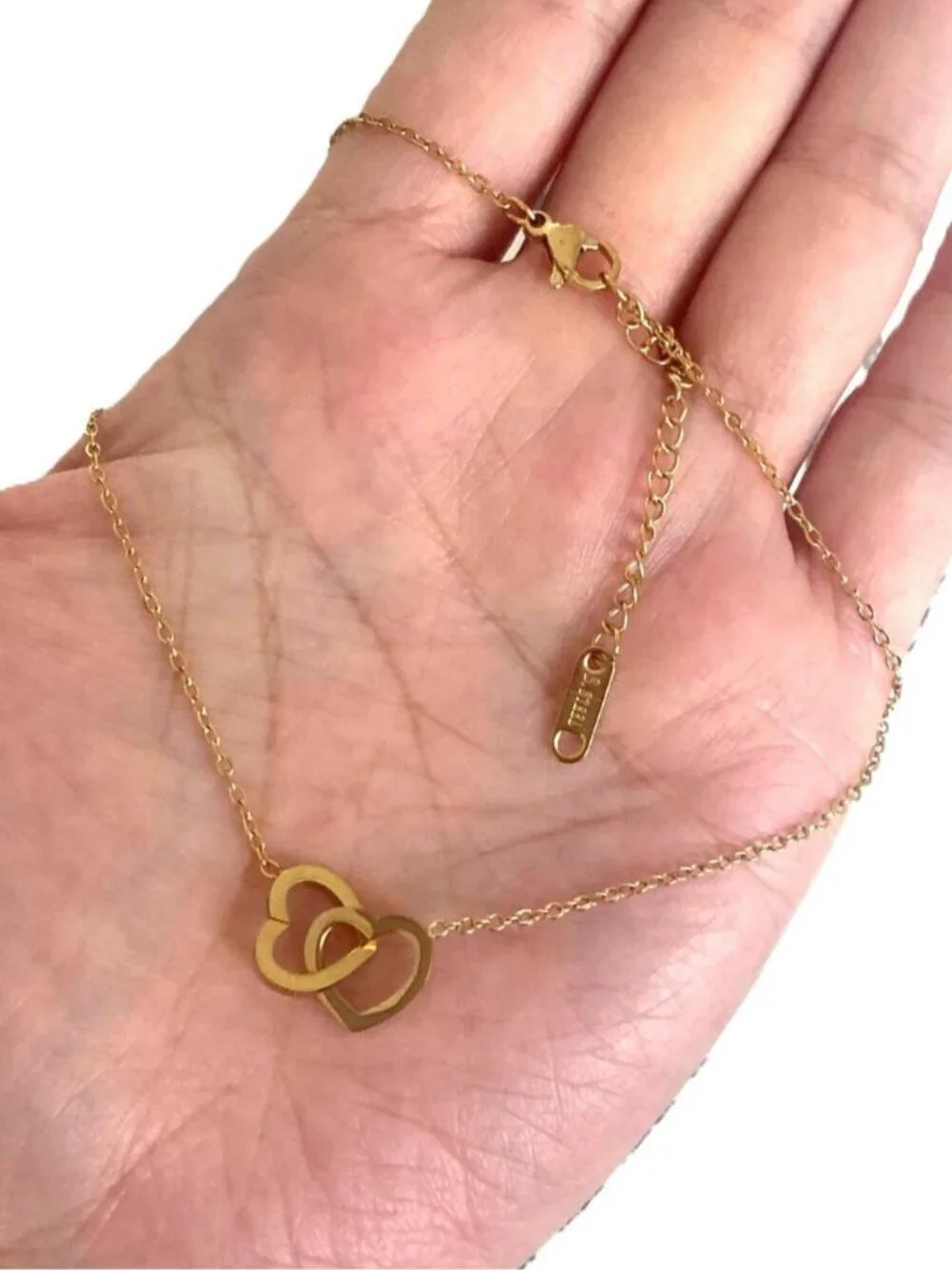 Gold Interlocking Hearts Pendant Necklace 18K Gold PVD Finish Hypoallergenic NEW